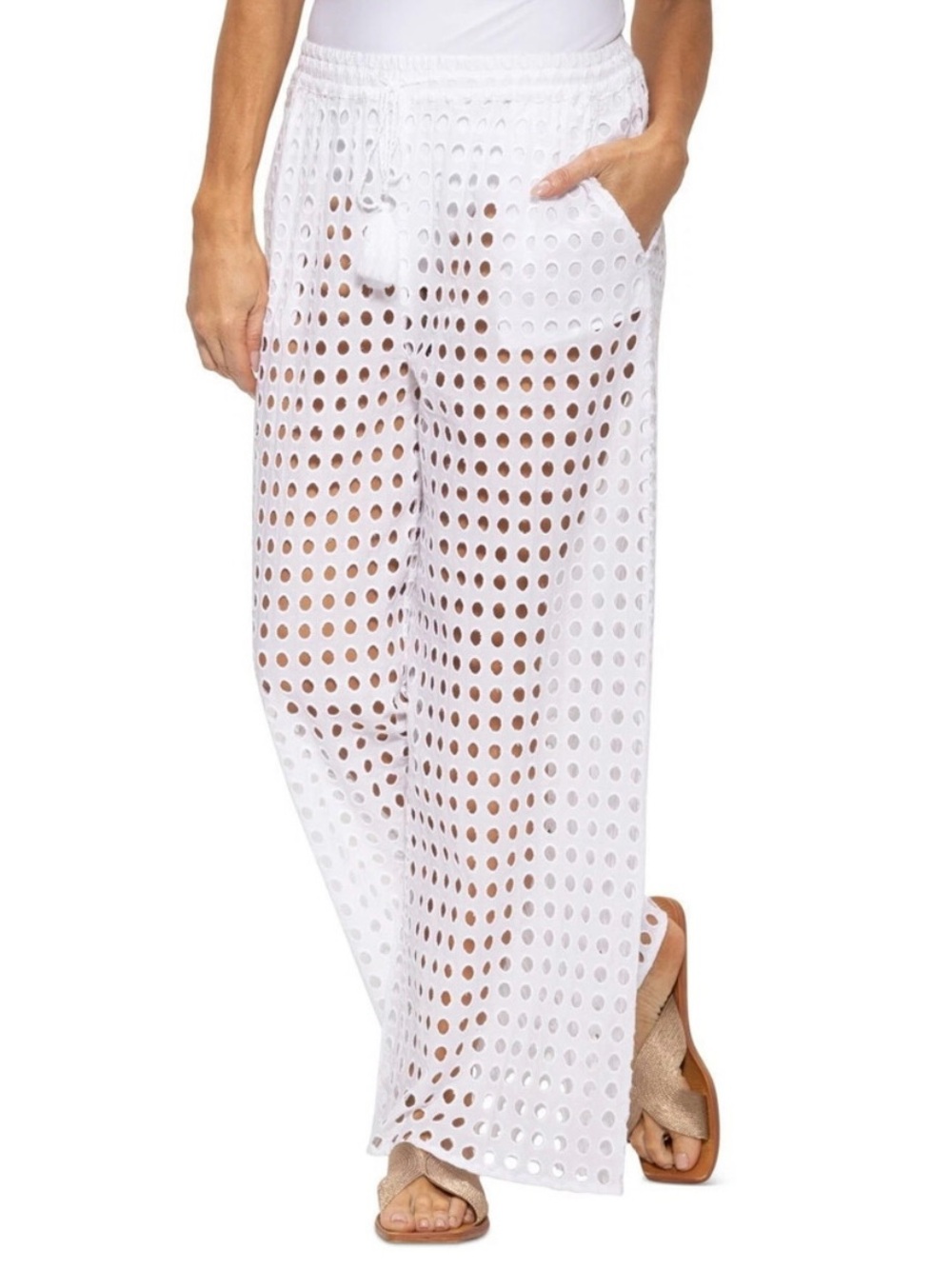 Dotti White Eyelet Wide-Leg Beach Cover-Up Pants size medium